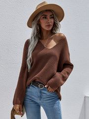 Tunika-Pullover aus Rippstrick mit V-Ausschnitt und überschnittenen Schultern