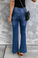 Schlagjeans mit hoher Taille im Used-Look
