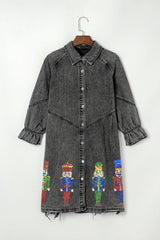 Gray Denim Sequin Cartoon Graphic Long Sleeve Shirt Dress