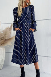 Polka Dot Long Flounce Sleeve Midi Dress