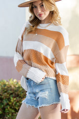 Kastanienbrauner Strickpullover mit Farbblockdesign und langen Ärmeln