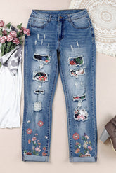 Distressed-Jeans mit Patchwork-Muster und Blumenmuster