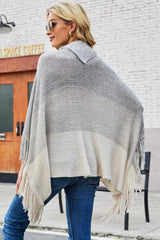 Color Block Button Detail Fringed Tunic Poncho