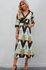 Robe midi imprimée à manches trois-quarts et nouée