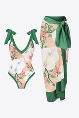 Ensemble de bain deux pièces à col en V et motif floral