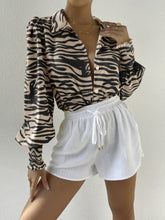 Printed Lantern Sleeve Smocked Cuff Blouse