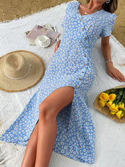 Ditsy Floral Buttoned Puff Sleeve Slit Dress