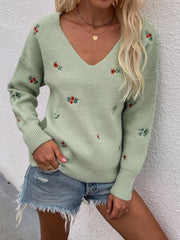 Pull col V à broderie florale