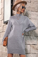 Ribbed Trim Mock Neck Mini Sweater Dress