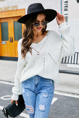 Pull ajouré à col en V et épaules tombantes