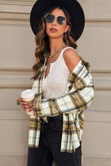Plaid Dropped Shoulder Curved Hem High-Low Shacket
