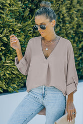 V-Neck Roll-Tab Sleeve Blouse