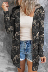 Schwarze Strickjacke mit Wildtiger-Print und Knopfleiste vorne