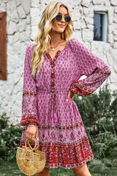 Robe bohème à manches ballon et cordon de serrage à la taille
