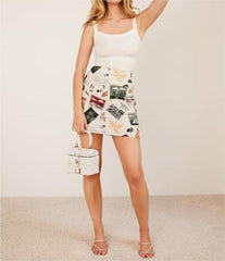 Design Niche Postcard Printed Mini Skirt Slim High Waist Sheath Girl
