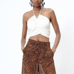 White Pleated Halter Spaghetti Straps
