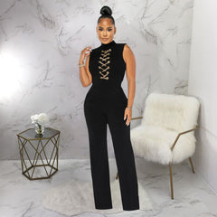 Solid Color Sleeveless StCollar round Neck One-Piece Wide-Leg Jumpsuit
