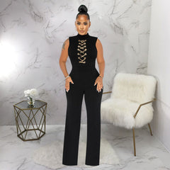 Solid Color Sleeveless StCollar round Neck One-Piece Wide-Leg Jumpsuit