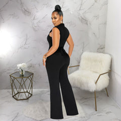 Solid Color Sleeveless StCollar round Neck One-Piece Wide-Leg Jumpsuit