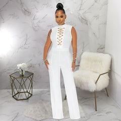 Solid Color Sleeveless StCollar round Neck One-Piece Wide-Leg Jumpsuit
