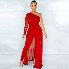 One Shoulder Diagonal Collar Long Sleeve Trousers Jumpsuit