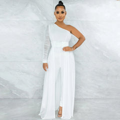 One Shoulder Diagonal Collar Long Sleeve Trousers Jumpsuit