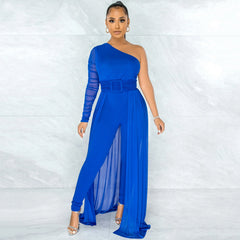 One Shoulder Diagonal Collar Long Sleeve Trousers Jumpsuit