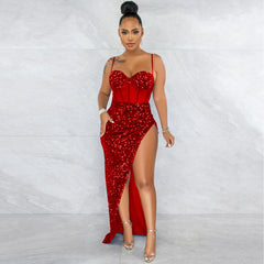 Suspenders Sequin Mesh See-through Irregular Asymmetric Slit Dress