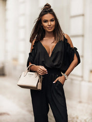 Trousers V neck Pocket Elastic Waist Casual Jumpsuit