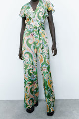 All-Matching Slimming Short Sleeve V-neck Printed Jumpsuit