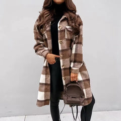 Fall Collared Pocket Decorative Plaid Casual Mid Length Shacket