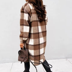 Fall Collared Pocket Decorative Plaid Casual Mid Length Shacket