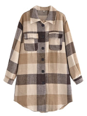 Fall Collared Pocket Decorative Plaid Casual Mid Length Shacket