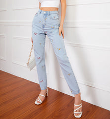 Pantalon brodé en jean, pantalon ample, pantalon droit