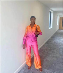 Gradient Color Printed Shirt Long Sleeve Trousers Suit