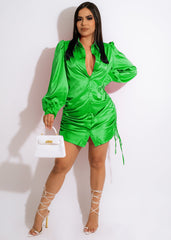 Pleated Lace up Loose Elastic Mid Length Shirt Dress