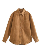 Casual Brown Corduroy Shirt Simple Collared Mid Length Coat Early Net Pocket Top