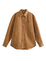 Casual Brown Corduroy Shirt Simple Collared Mid Length Coat Early Net Pocket Top