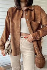Casual Brown Corduroy Shirt Simple Collared Mid Length Coat Early Net Pocket Top