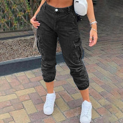 Jeans Side Pocket Ankle Banded Washed Mid Waist Jeans Trousers