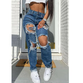 Jeans Blau Verwaschen Zerrissene Mittlere Taille Street Hipster