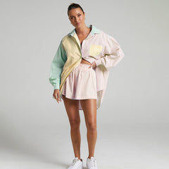Single Breasted Striped Color Matching Long Sleeve Shirt Top Two Piece Casual Short Suit
