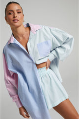 Single Breasted Striped Color Matching Long Sleeve Shirt Top Two Piece Casual Short Suit