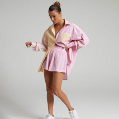 Single Breasted Striped Color Matching Long Sleeve Shirt Top Two Piece Casual Short Suit