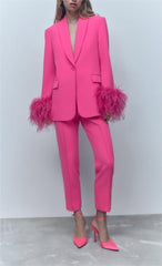 Fall Wild Feather Decoration Straight Blazer Set Set Trousers Set