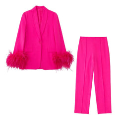 Fall Wild Feather Decoration Straight Blazer Set Set Trousers Set