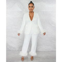 Wear Velvet Long Sleeved Trousers V neck Solid Color Two Piece Set