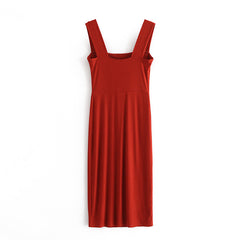 Square Cut Collar Solid Color Knitted Thread Dress