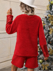 Sweater Set Shorts Sequin Stitching Plush Christmas Two Piece Set