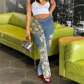 Trendy Denim Kontrast Farbe Persönlichkeit Aufkleber Taschen Gerade Bein Hosen